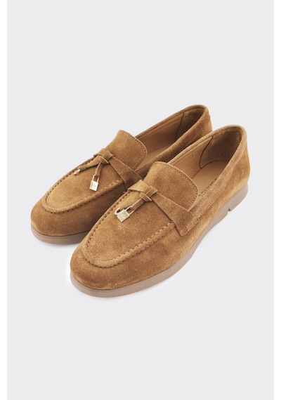 Derinet Hakiki Deri Püsküllü Kadın Loafer Taba Süet Taba Süet