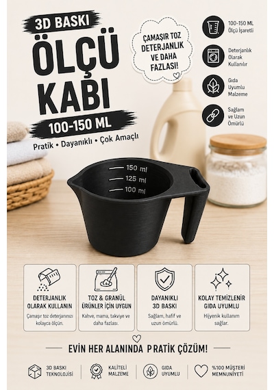 3d Baskı 100-150 Ml Ölçü Kabı Çamaşır Deterjanı, Toz Ve Granül Ölçü Kabı Gıda Uyumlu Pla - Siyah Diğer