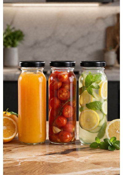Cam Şişe 250 Ml 6 Lı Kapaklı Meyve Suyu, Smoothie, Limonata, Detoks, Mini Kavanoz