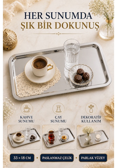 Premium Paslanmaz Çelik Sunum Tepsisi 33x18 Cm Şık Dikdörtgen Çay Kahve Servis Tepsisi Gümüş