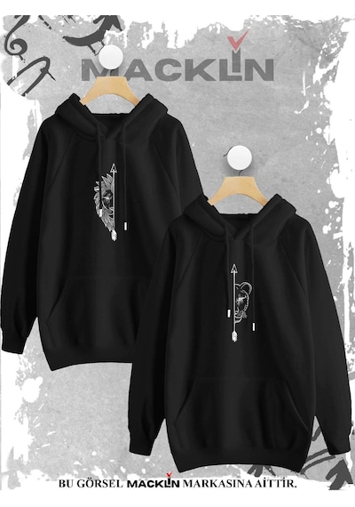 Macklin Sevgili Çift Kombini Aslan Ok Baskılı Özel Tasarım Kapüşonlu Sweatshirt 2li Set Takım Siyah Mck0951 Siyah