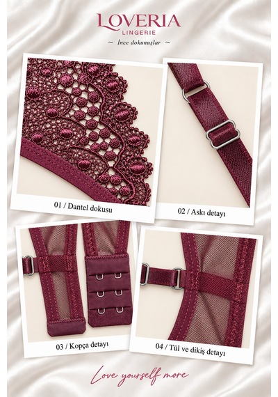 Loveria Bordo Dantel Detaylı Destekli Sütyen Külot Takımı Bordo Bordo