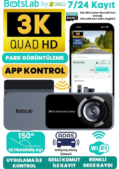 360+ Botslab Hk50 Wi-fi 1620p 150° Ultra Geniş Açı Gece Görüşlü Akıllı Araç Içi Kamera (2024)