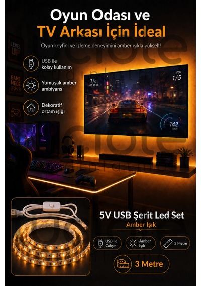 3 Metre 5v Usb Amber Şerit Led Anahtarlı Mutfak Tezgah Altı Tv Masa Kamp Powerbank Sıcak Işık