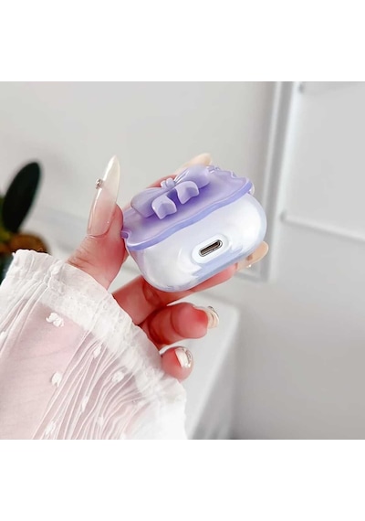 Apple Uyumlu iPhone 1/2. Nesil  Koruyucu Bluetooth Kulaklık Kılıfı Figürlü Fiyonk Mor Airpods 1/2. Nesil