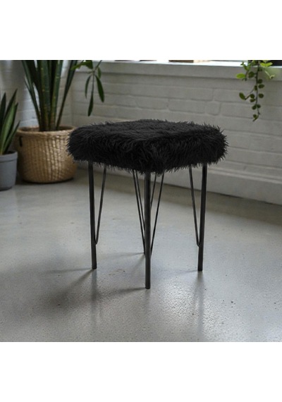 Kare Peluş Puf Tabure Beyaz/siyah Metal Ayaklı 35 35x50 Cm Makyaj Taburesi Siyah