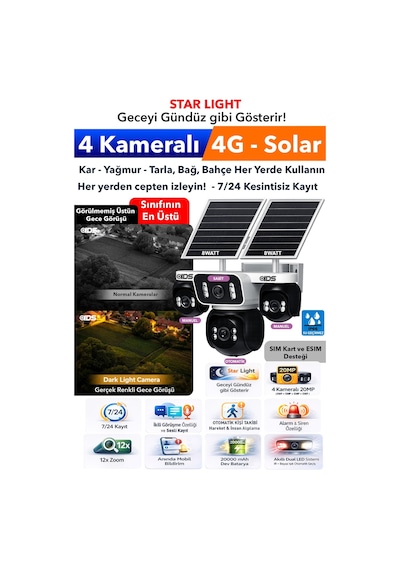 20mp 4 Kameralı Güneş Enerjili Solar 4g Güvenlik Kamerası - Startlight Üstün Gece Görüş - Mobil İzle