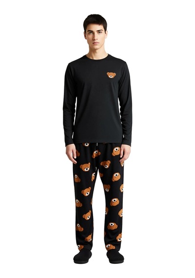 Frm Erkek Ayıcık Desenli Örme Pijama Takımı Fonksiyonel Dayanıklı Kal Siyah