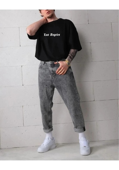 Los Angeles Baskılı Oversize Siyah T-shirt SIYAH