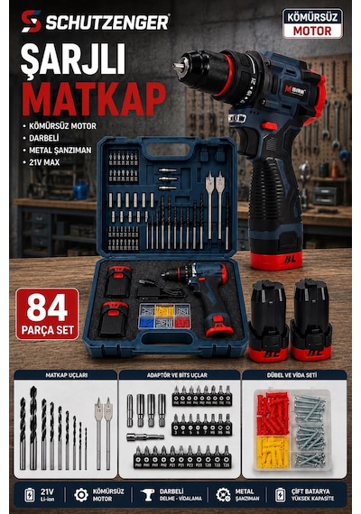 F11 Şarjlı Armut Matkap Darbeli Kömürsüz Motor 21w 84 Parça Çelik Şanzıman Su Geçirmez Profesyonel Usta Set