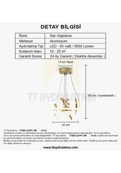 Tt005-ldtpl-sr Tt Ayd. Burgu Sarı Kaplama Toplu 3 Renk Led Avize SARI