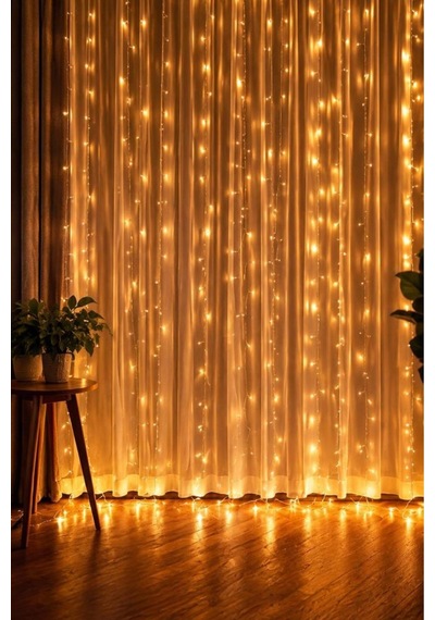 Perde Led Işık 300 Led 10 Sarkıt 8 Modlu Uzaktan Kumandalı 3x3 Metre Peri Telli Lw7 Sarı