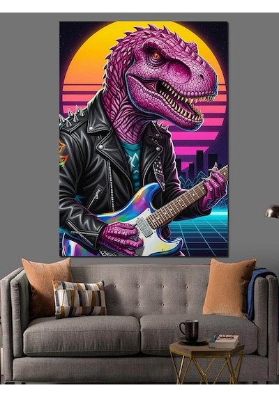 Ahşap Tablo Gitar Çalan Dinozor Rex