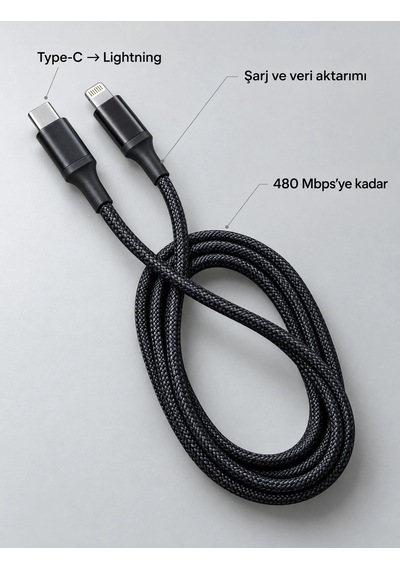 Type C Lightning Örgülü Şarj Ve Veri Kablosu 2 Metre
