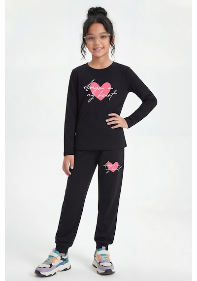 Panios Kids 3'lü Yuvarlak Yaka Sweatshirt Siyah Eşofmanlı Baskı Detaylı 6 Parça Kız Çocuk Alt Üst Takım Siyah - Turuncu