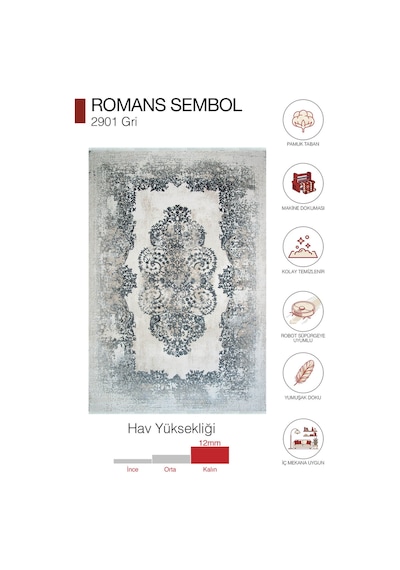 Sembol 2901 Gri Akrilik Pamuk Taban Modern Salon Halısı