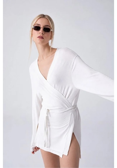 Cloudymood Kadın Siyah Kuşaklı Ultra Soft Ekru Kimono Beyaz - 924380525 Beyaz