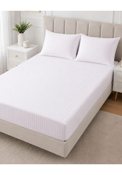 Wova Home Pearl Stripe Çift Kişilik Çarşaf Takımı%90 Pamuk 83 Tel Saten Çizgili Beyaz Lastikli Çarşaf Takımı Diğer
