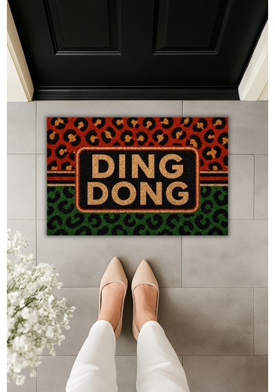 Rugmood Modern Dijital Baskı Dıng Dong Yazılı Kapı Önü Paspası 70x45 Cm Kapı Önü Paspası Yeşil