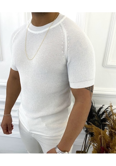 Örme Triko Tişört Kısa Kollu Triko Slim Fit Dar Kesim T-shirt Beyaz