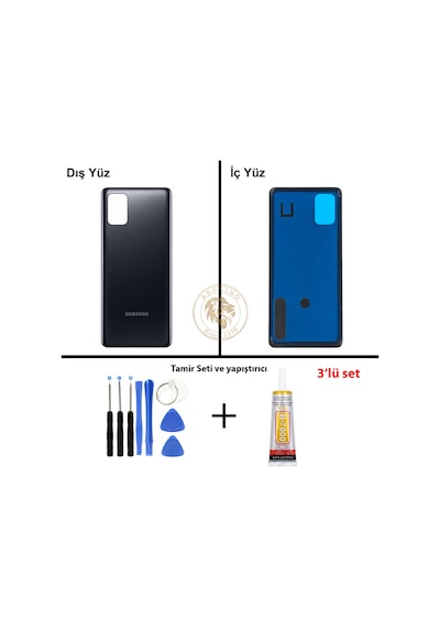 Samsung Galaxy M51 Siyah Renk Arka Kapak + Tamir Seti + B7000 Yapıştırıcı Arka Cam Batarya Kapağı Pil Kapağı Lazer Kesim Back Cover Galaxy M51 Uyumlu