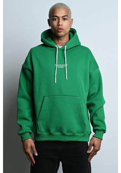 Oversize Kapşonlu Kanguru Cepli İçi Polarlı 3 İplik Erkek Sweatshirt Yeşil