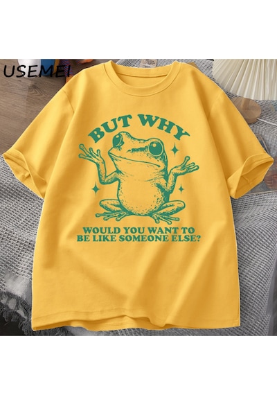 Flood Of Style Ama Neden Başka Biri Gibi Olmak İstersiniz T-shirt Erkekler Retro Komik Kurbağa Grafik T Shir Sarı