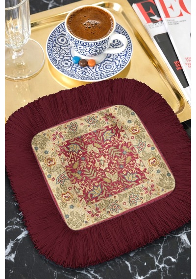 Saray İhtişamlı Saçaklı Sunum Peçetesi - Vintage Çiçek Motifli Bohem Bordo Bardak Altlığı Mendil Orman Beyaz