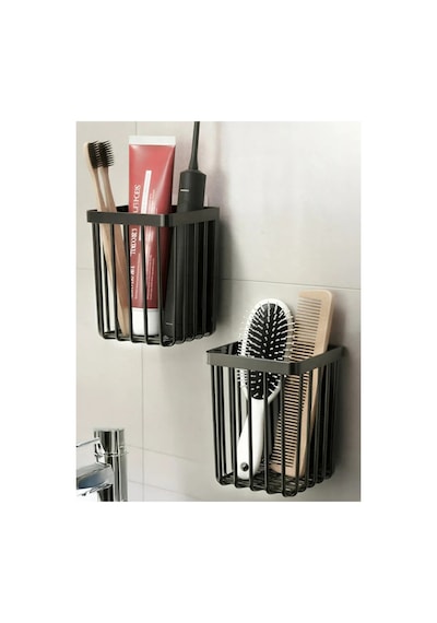 Chacha Home 2'li Set Yapışkanlı Banyo Saç Fırçası Tarak Düzenleyici Diş Fırçalık Çok Amaçlı Mutfak Duvar Rafı Siyah