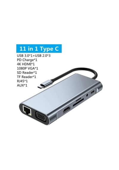 11in1 Type-c Hub Usb 3.0 Hdmı 4k Vga Lan Sd/tf 100w Pd Çoklayıcı Adaptör Dönüştürücü
