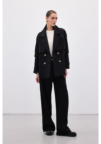 Sateen Kısa Trençkot - Siyah-136635 Siyah