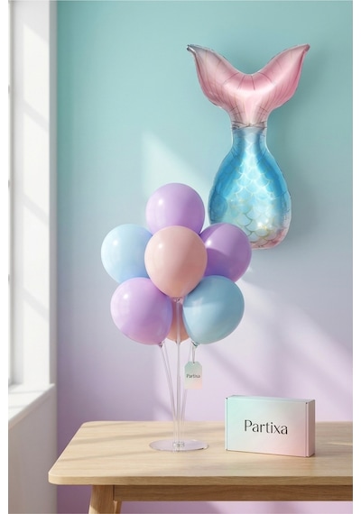 Denizkızı Kuyruğu Balon Stand Seti Şeffaf 7 Li Stand + Denizkızı Kuyruğu Folyo Balon Pembe-mavi + 7 Lateks Balon Pembe - Mavi