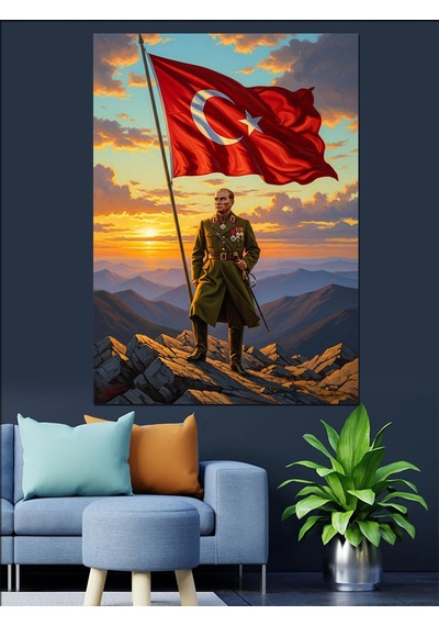 Türk Bayrağı Ve Atatürk Silüeti Dekoratif Kanvas - Mdf Ahşap Tablo