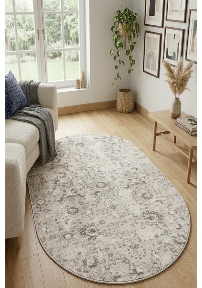 Raschel Carpet Premium Oval Yıkanabilir Leke Tutmaz Modern Antik Bej Özel Seri Kaymaz Taban Halı Yolluk Bej