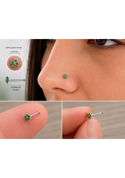 925 Ayar Gümüş Burun Hızması Yeşil Çiçek Desenli Minimal Nose Stud Kadın Erkek Unisex 8 Mm Gri