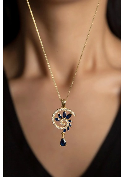 925 Ayar Gümüş Gold Kaplama Lacivert Renkli Spiral Snail Tasarım Kolye