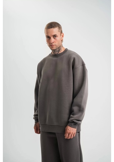 Uzun Kol Bisiklet Yaka Basic Sweatshirt - Füme Füme