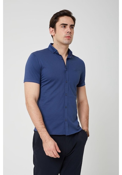 Coonless Erkek Kısa Kol Slim Fit Gömlek Koyu Mavi Beyaz