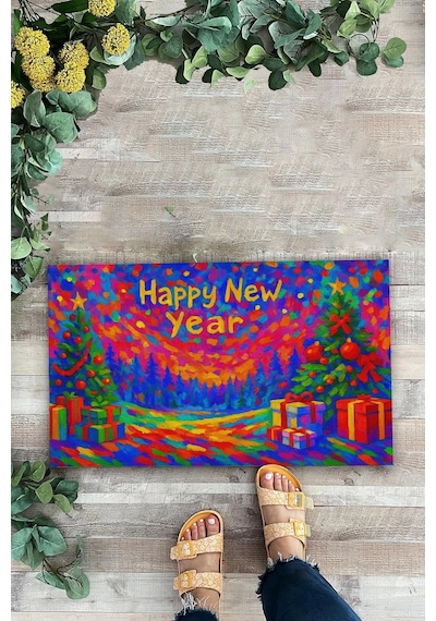 Valerine Life Happy New Year Mutlu Yıllar Welcome Hoş Geldiniz Kapı Önü Paspası 45x70cm Kahverengi