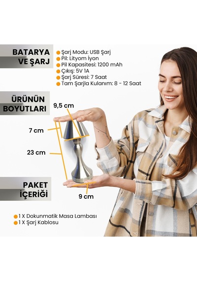 Upway Sarjlı Ayarlanabilir Işıklı 3 Modlu Retro Silver Metal Dokunmatik Fonksiyonel Masa Lambası Gümüş