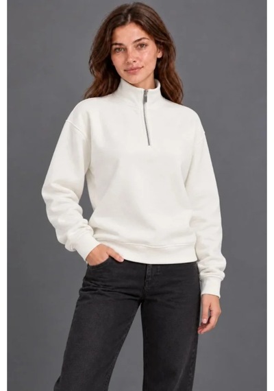 Butik İstanbul Üç İplik İçi Şardonlu Dik Yaka Yarım Fermuarlı Kışlık Sweatshirt - Beyaz