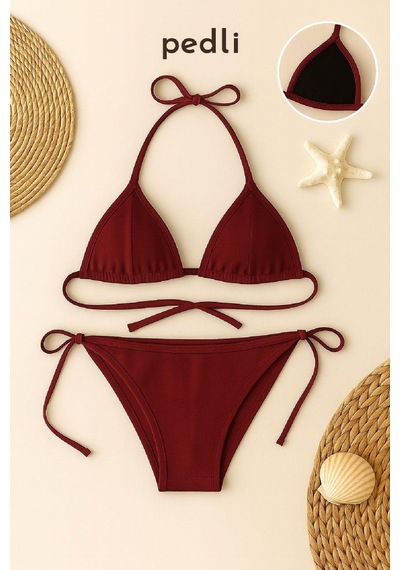 Alfa Aksesuar 03 Kadın Bordo Yandan Ve Boyundan Bağlamalı Bikini Mayo Takımı