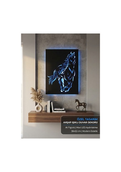 Ahşap Işıklı Duvar Dekoru At Tablo Figürlü 52x38 Cm