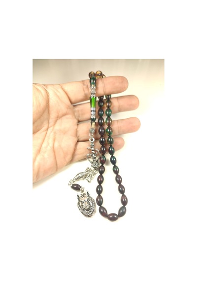 İskeçe Tesbih Exclusive 925 Ayar Gümüş Nakkaş İp Yolu Eskitme Eski Usul Multi Color Sıkma Kehribar Sertifikalı 6153