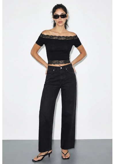 Shade Kadın Madonna Yaka Dantel Detaylı Soft Touch Crop Bluz 0992 60286052 - Siyah