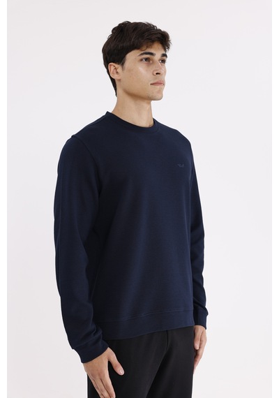 Rowinger Yatay Dokulu Ottoman Yüzey Tonal Logo Detaylı Bisiklet Yaka Standart Kalıp Sweatshirt Navyblue