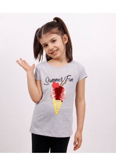 Toontoy Kids Toontoy Kız Çocuk Dondurma Baskılı Tişört Gri Melanj