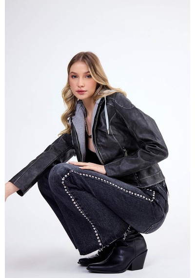 Vitrin Kapüşonlu Suni Deri Crop Biker Ceket Siyah