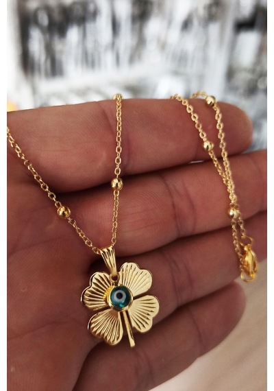 Gold Kaplama Altın Renk Top Zincir Nazar Boncuklu Yonca Bijuteri Sarı