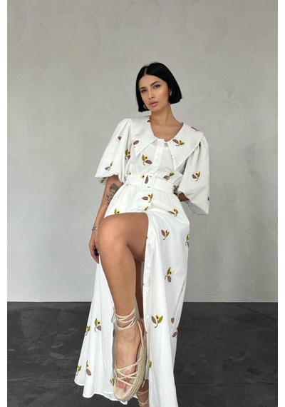 Moderie Butik Kahverengi Yakası Çiçek Motifli Kemerli Elbise Kahve